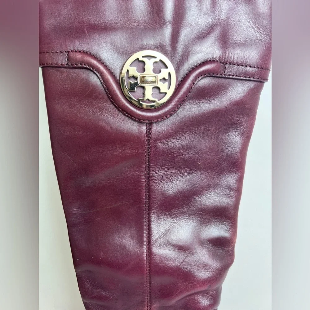 TORY BURCH wine/eggplant leather gold logo platform heeled knee high boots 8
